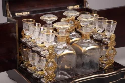 Hot Pamono Antique Napoleon III Liquor Cellar in Ebony with Brass Inlay, Set of 21