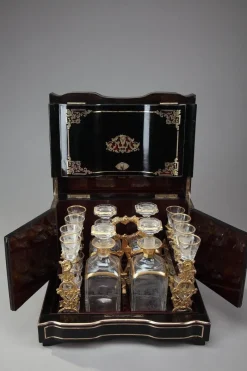 Hot Pamono Antique Napoleon III Liquor Cellar in Ebony with Brass Inlay, Set of 21