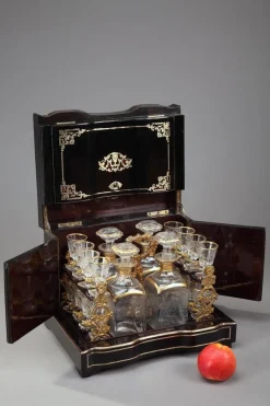 Hot Pamono Antique Napoleon III Liquor Cellar in Ebony with Brass Inlay, Set of 21