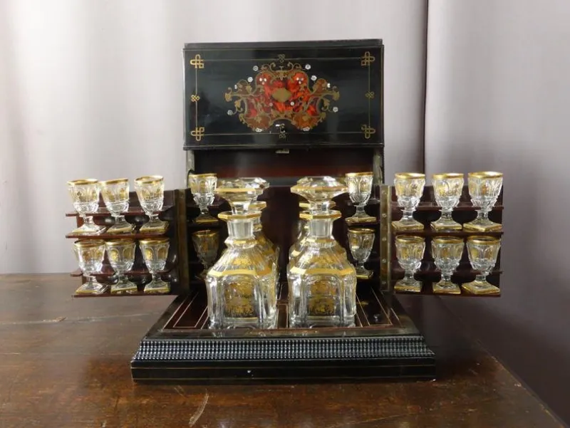 Pamono Antique Napoleon III Marquetry Liquor Cellar Set> Dinnerware Accessories