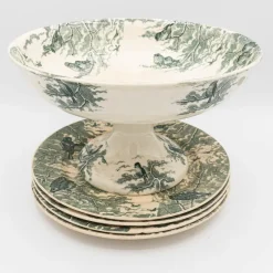 Clearance Pamono Antique Neige Cake Stand and Plates from Sarreguemines, 1900s, Set of 5