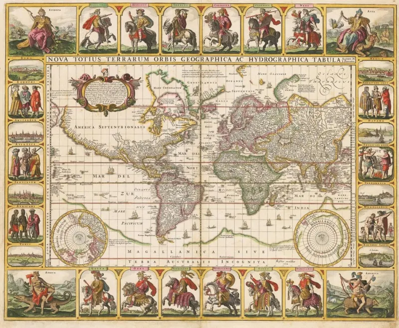 Pamono Antique Nova Totius Terrarum Orbis Geographica ac Hydrographica Tabula Claes Map by Janszoon Visscher, 1652> Wall Decor
