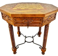 Discount Pamono Antique Octogonal Burnt Oak Inlaid Games Table with Two Drawers and Turned Legs, 1920s