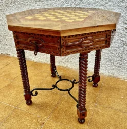 Discount Pamono Antique Octogonal Burnt Oak Inlaid Games Table with Two Drawers and Turned Legs, 1920s