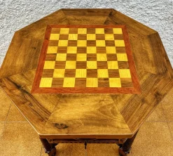 Discount Pamono Antique Octogonal Burnt Oak Inlaid Games Table with Two Drawers and Turned Legs, 1920s