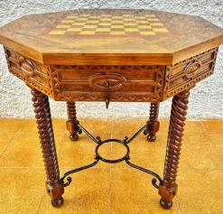 Discount Pamono Antique Octogonal Burnt Oak Inlaid Games Table with Two Drawers and Turned Legs, 1920s