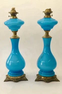 Pamono Antique Opaline Glass Oil Table Lamps Depicting Napoleon and Josephine, 1890s, Set of 2