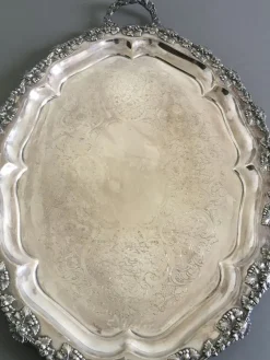 Sale Pamono Antique Oval Engraved Sheffield Tray with Handles, 1850