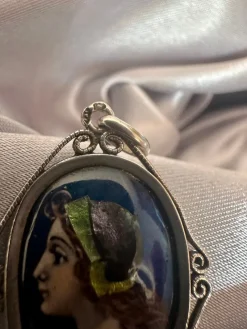 Pamono Antique Pendant in Limoges Enamel and Silver from Sazerat, 1890s><noscript><img width=