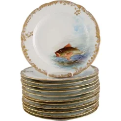 Pamono Antique Pirkenhammer Porcelain Dinner Plates with Hand-Painted Fish, Set of 12> Dinner Plates & Bowls