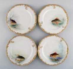 Pamono Antique Pirkenhammer Porcelain Dinner Plates with Hand-Painted Fish, Set of 12><noscript><img width=
