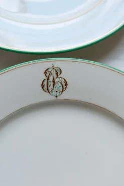 Pamono Antique Porcelain Dessert Plates with CB Monograms and Green and Gilt Borders from Limoges, 1960s, Set of 6><noscript><img width=