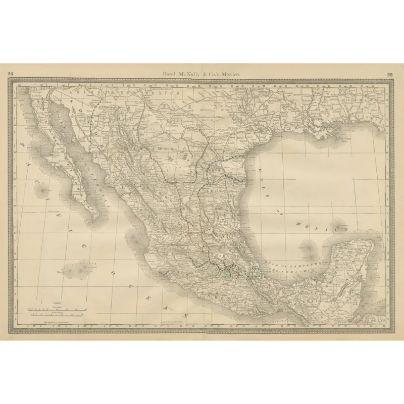 Outlet Pamono Antique Railroad Map of Mexico, 1888