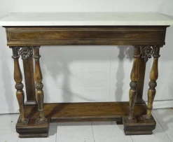 New Pamono Antique Rosewood Console Table with Brass Inlays and Carrara Marble Top, Mid-19th Century