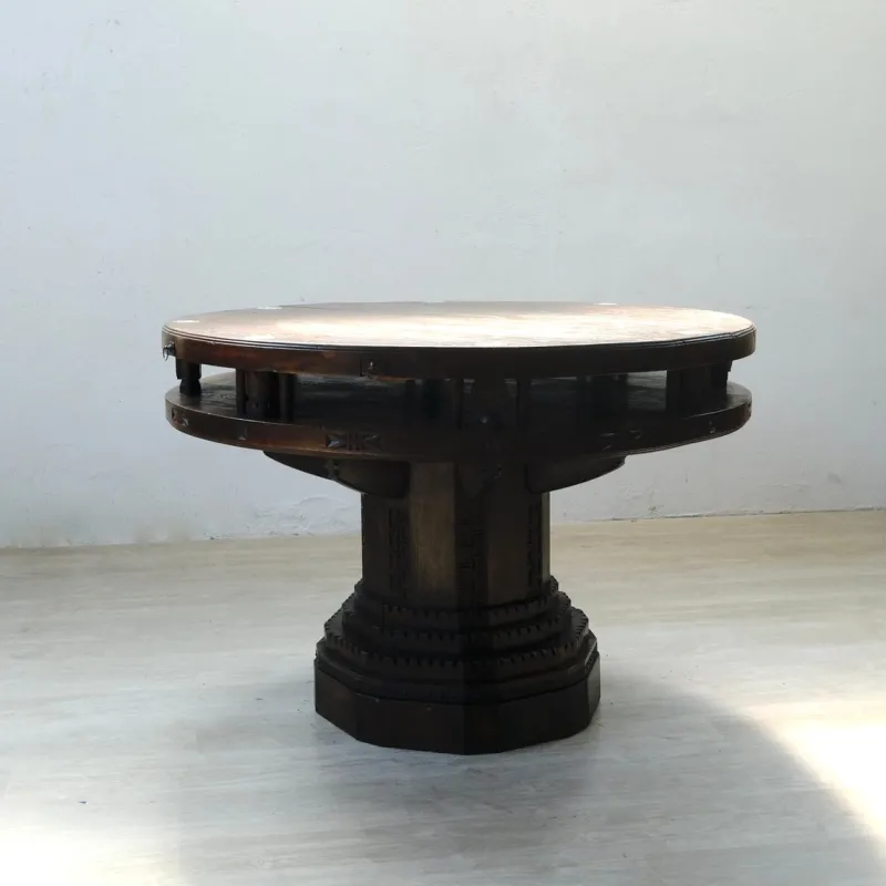 Clearance Pamono Antique Round Carved Wood Game Table, 1900s