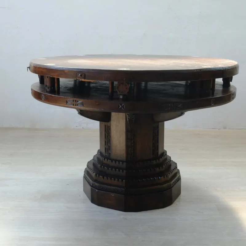 Clearance Pamono Antique Round Carved Wood Game Table, 1900s