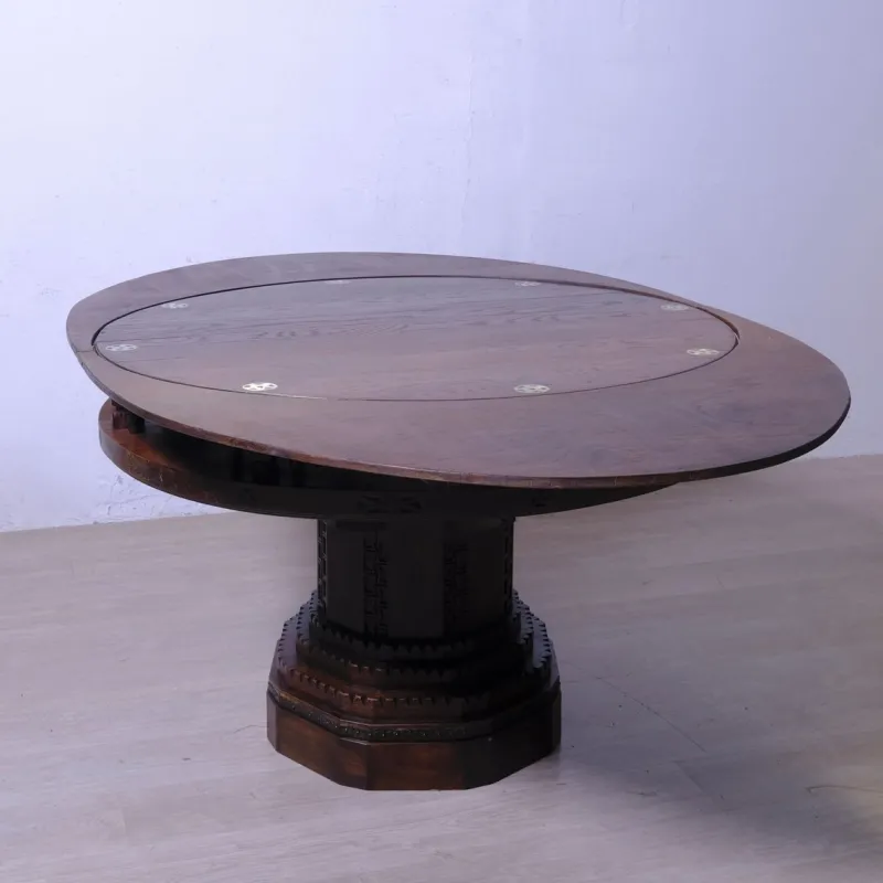 Clearance Pamono Antique Round Carved Wood Game Table, 1900s