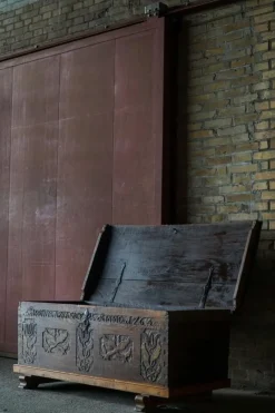 Pamono Antique Scandinavian Folk Art Oak Chest with Carved Panels, 1764><noscript><img width=