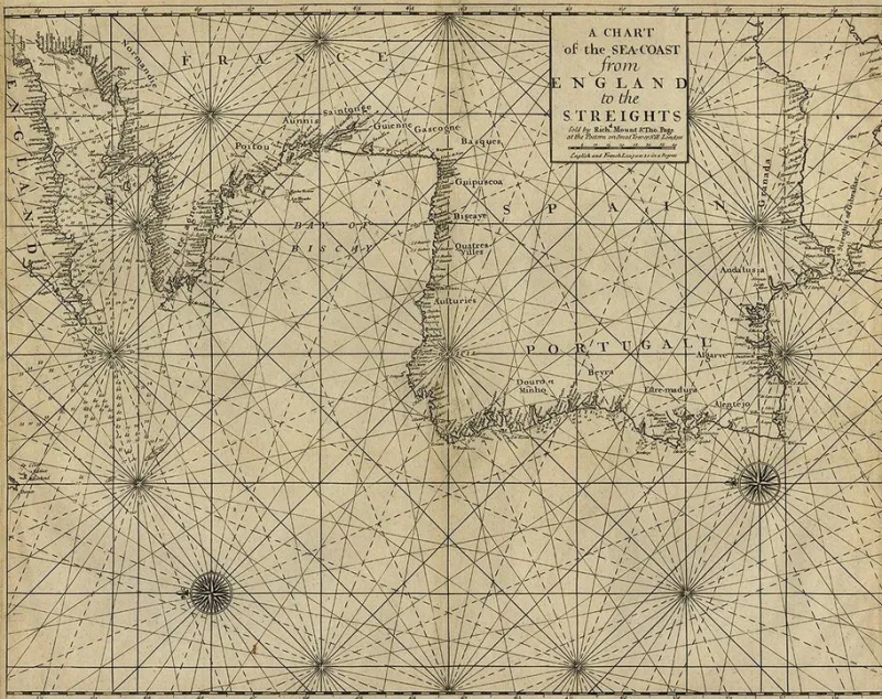 New Pamono Antique Sea Chart of the Coastline from England to Gibraltar, 1700s