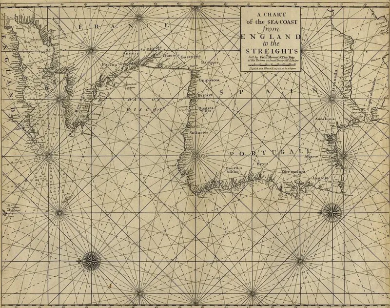 New Pamono Antique Sea Chart of the Coastline from England to Gibraltar, 1700s