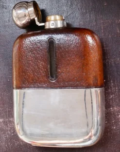 Best Pamono Antique Silver Plated Leather Bound Hip Flask by James Dixon & Sons, 1920s