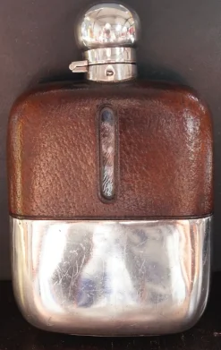 Best Pamono Antique Silver Plated Leather Bound Hip Flask by James Dixon & Sons, 1920s