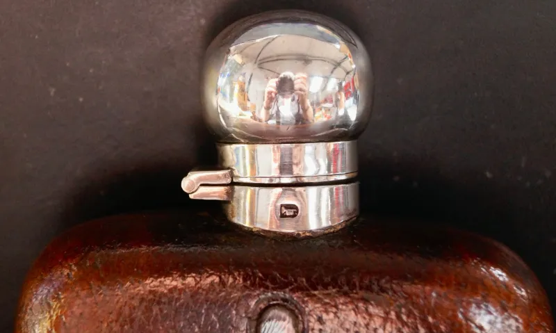 Best Pamono Antique Silver Plated Leather Bound Hip Flask by James Dixon & Sons, 1920s