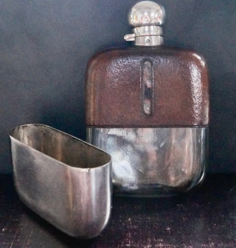 Best Pamono Antique Silver Plated Leather Bound Hip Flask by James Dixon & Sons, 1920s