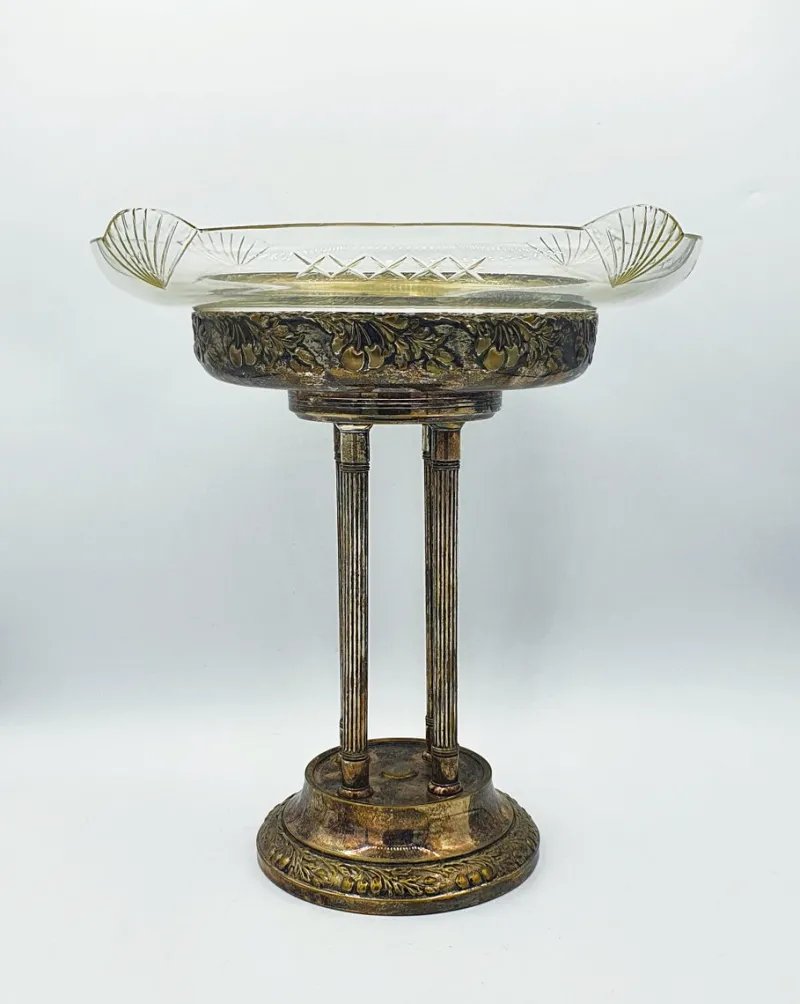 New Pamono Antique Silver-Plated Metal Centerpiece with Glass Bowl