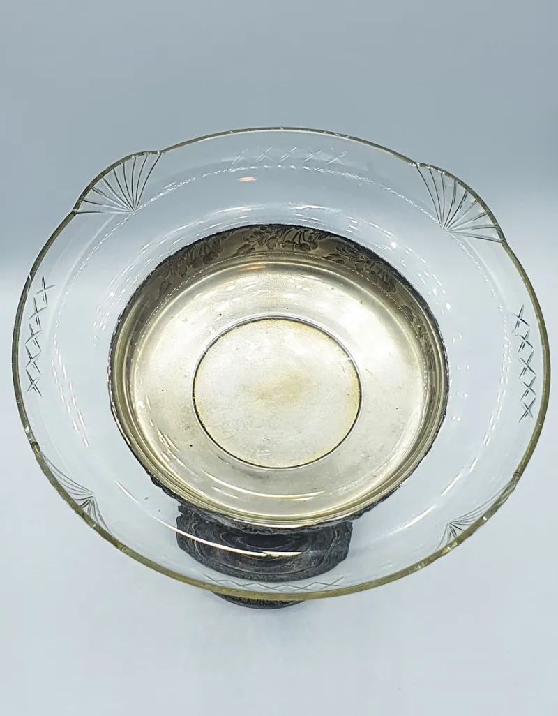 New Pamono Antique Silver-Plated Metal Centerpiece with Glass Bowl