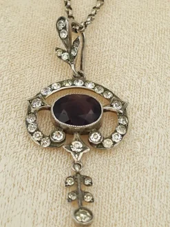 New Pamono Antique Sterling Silver Pendant with Crystals on Belcher Chain