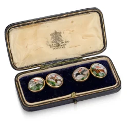 Pamono Antique 20th Century Edwardian Cased 18k Gold Showjumping Cufflinks, London, 1900, Set of 2><noscript><img width=