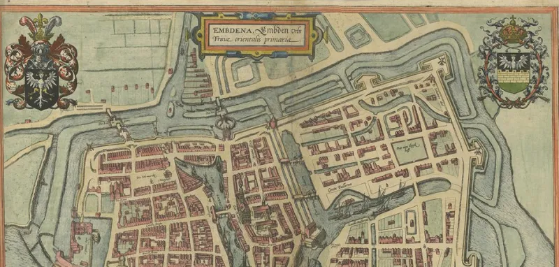 Pamono Antique Town Plan of Emden in Germany by Braun & Hogenberg, 1597> Wall Decor