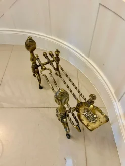 Hot Pamono Antique Victorian Brass Fire Irons and Dog, 1860