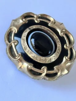 Pamono Antique Victorian Bulls Eye Agate Pinchbeck Mourning Brooch><noscript><img width=