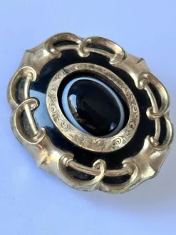Pamono Antique Victorian Bulls Eye Agate Pinchbeck Mourning Brooch><noscript><img width=