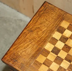 Pamono Antique Victorian Chessboard Game Table in Walnut Satinwood and Hardwood><noscript><img width=