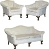Pamono Antique Victorian Chinoiserie Upholstery Sofa & Armchair Suite with Claw & Ball Feet, Set of 3> Living Room Sets