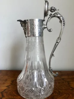 Pamono Antique Victorian Etched Glass and Silver Plated Claret Jug><noscript><img width=