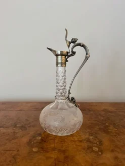New Pamono Antique Victorian Etched Glass Silver Plate Claret Jug, 1860