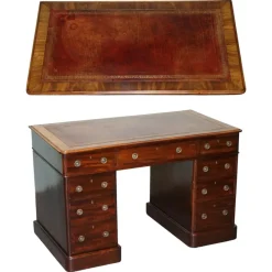 Pamono Antique Victorian Hardwood Pedestal Desk with Tooled Leather Top> Desks