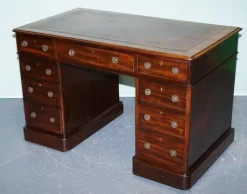 Pamono Antique Victorian Hardwood Pedestal Desk with Tooled Leather Top> Desks