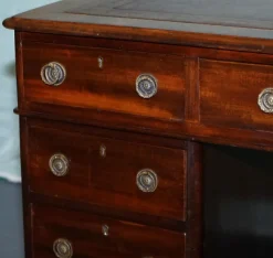 Pamono Antique Victorian Hardwood Pedestal Desk with Tooled Leather Top><noscript><img width=