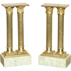 New Pamono Antique Victorian Marble & Brass Roman Grand Tour Statue Columns Pillars, Set of 2