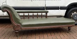 New Pamono Antique Victorian Oak Chaise Longue in Green Leather with Brass Castors