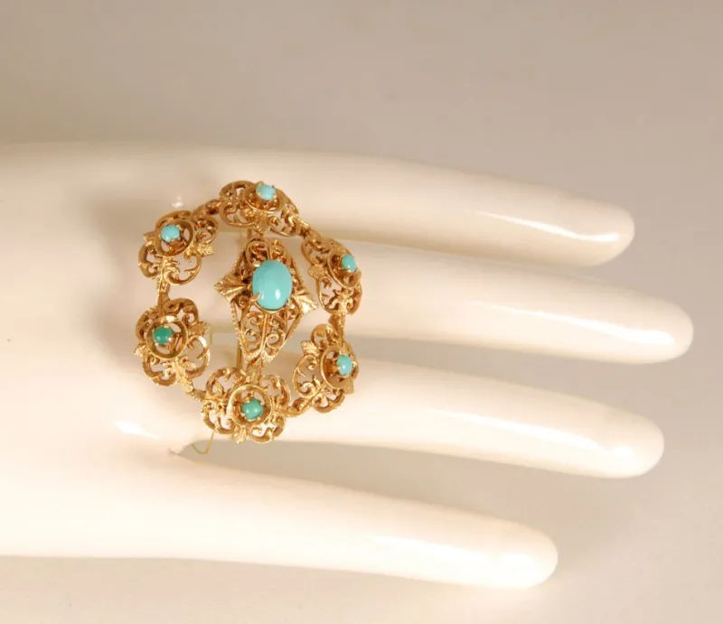 Sale Pamono Antique Victorian Yellow Gold & Turquoise Brooch