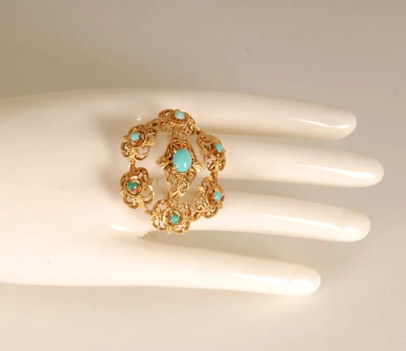 Sale Pamono Antique Victorian Yellow Gold & Turquoise Brooch