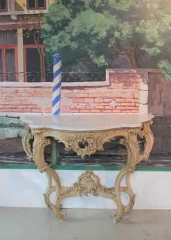 Pamono Antique Wood and White Marble Console Table> Console Tables