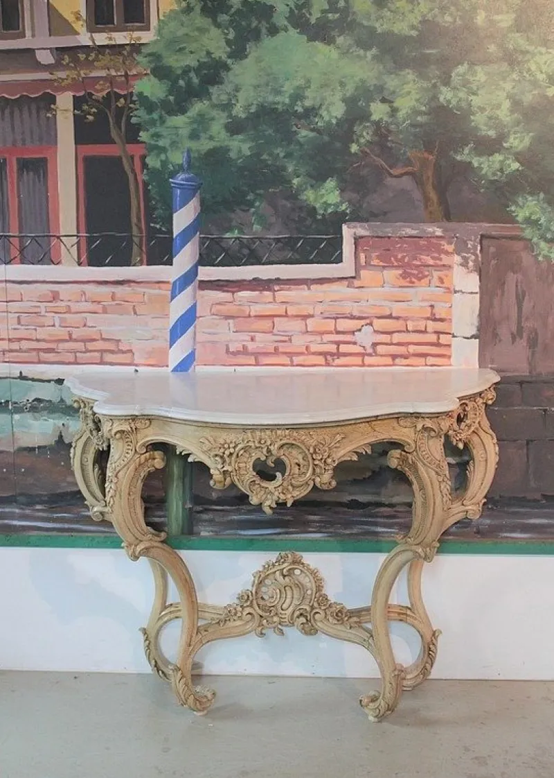 Pamono Antique Wood and White Marble Console Table> Console Tables