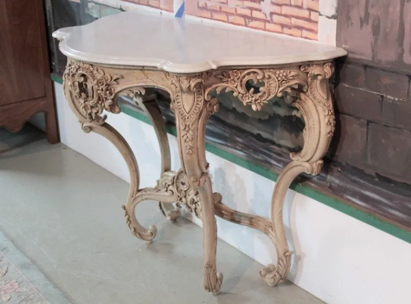 Pamono Antique Wood and White Marble Console Table> Console Tables